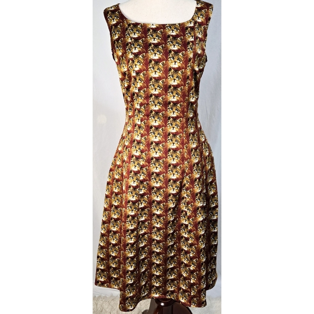 Frock Shop Dress Retro Midi Cat Print A Line 50s Sleeveless Brown Rockabilly